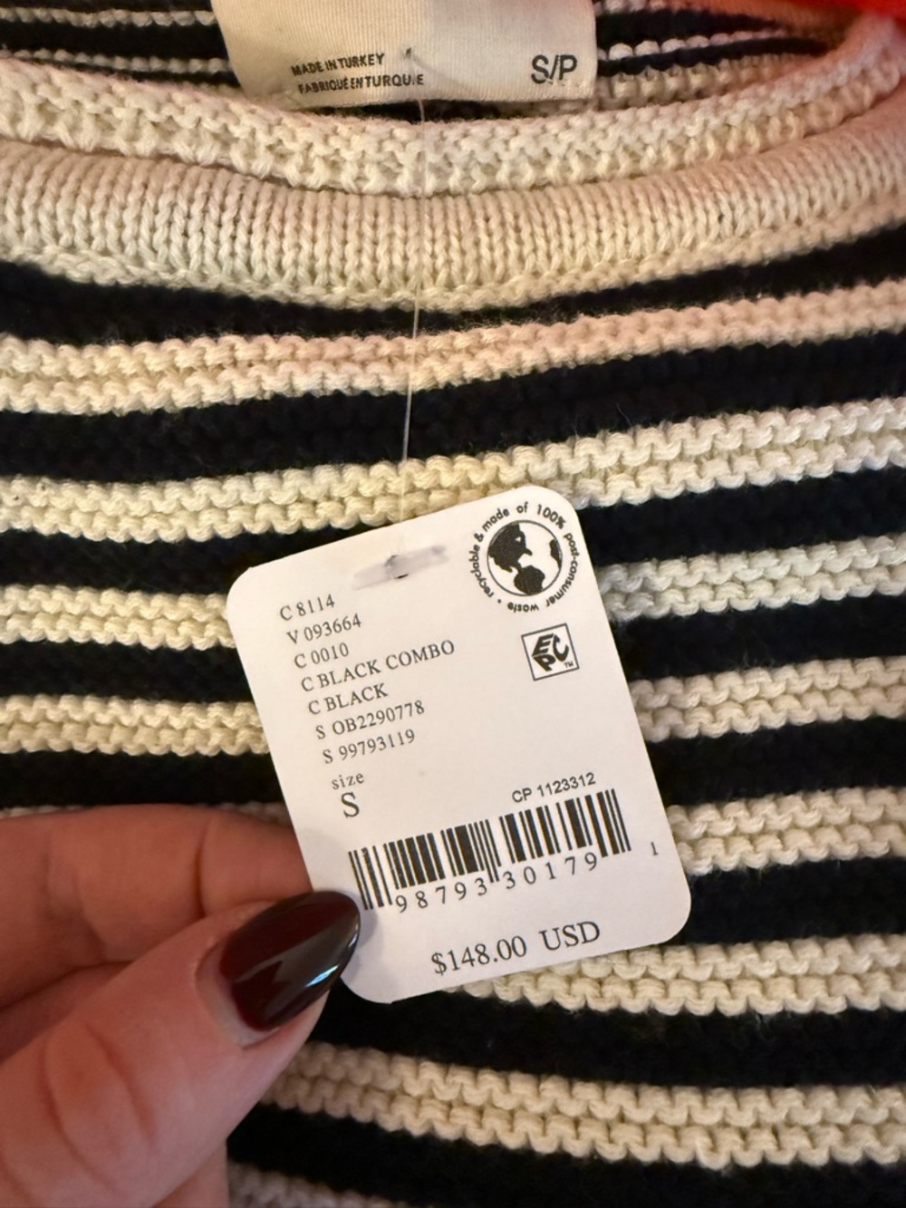 Free People Black & Cream Striped Crewneck Sweater with Red Hem - Picture 5 of 8